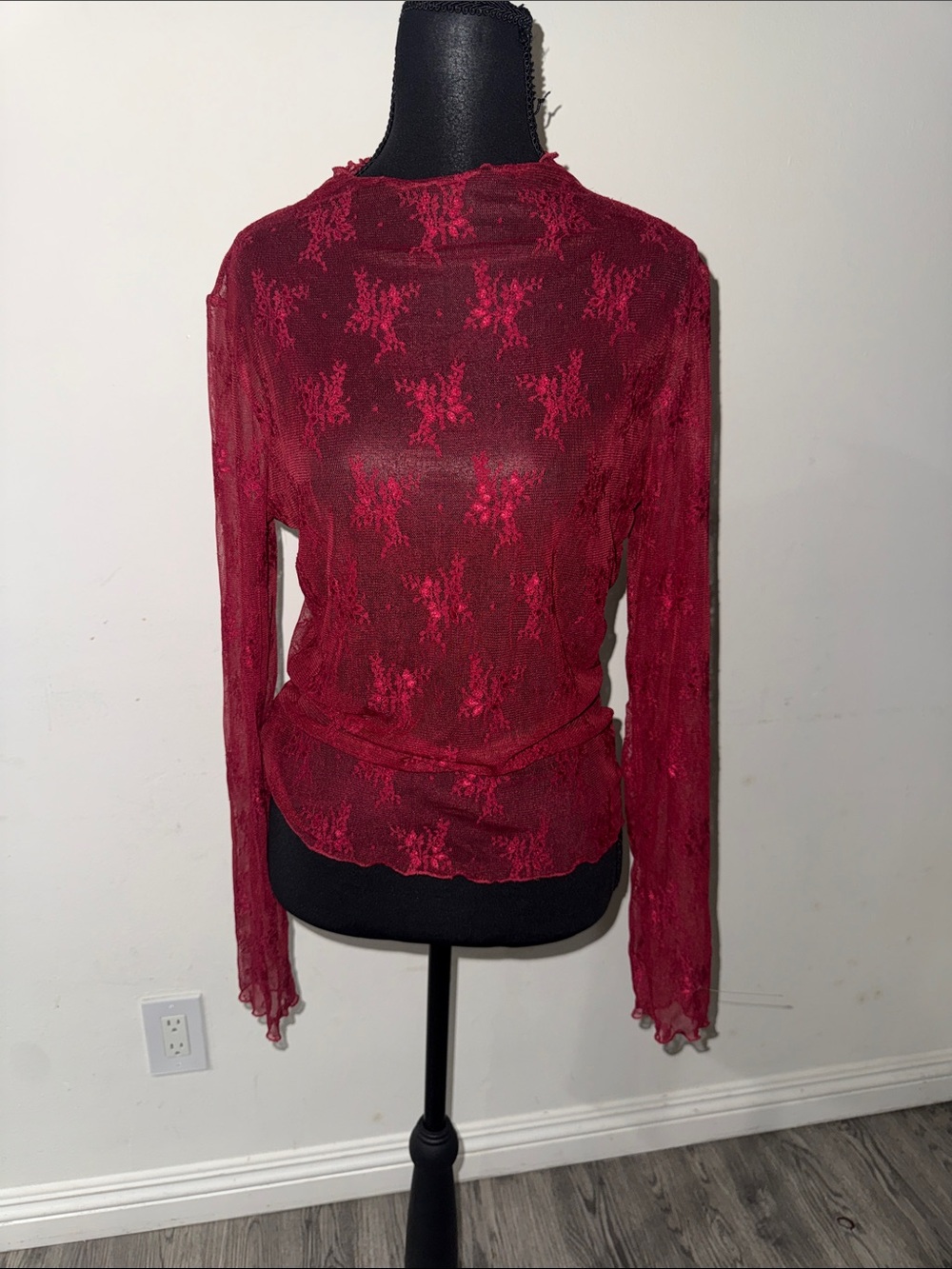 Liberty Love Crimson Lace Long-Sleeve Sheer Top